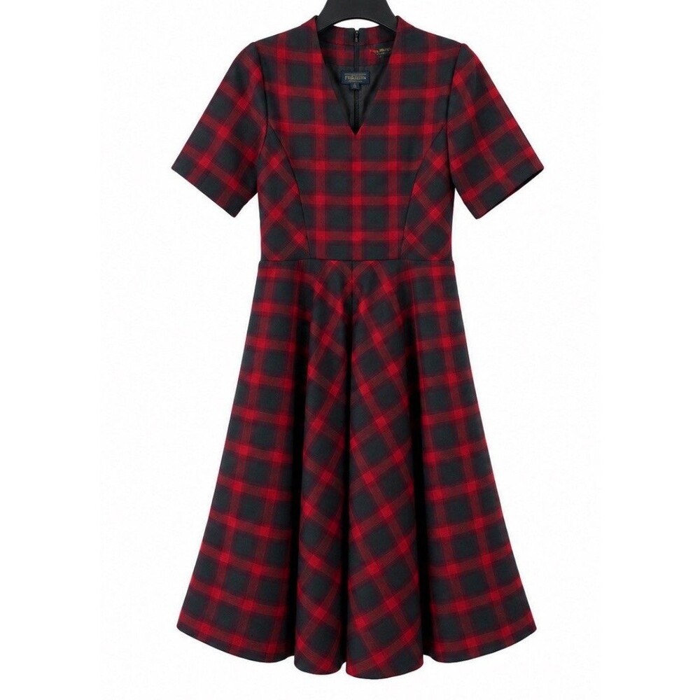 Pendleton 100% Virgin Wool Dress Size 6 Tartan Plaid V-Neck Red Midi USA